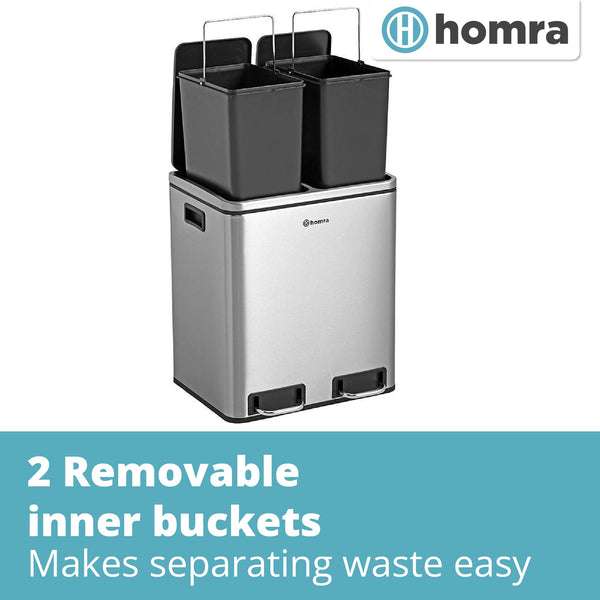 Homra Dual Kitchen Bin 30l  Double Rubbish Bins 2x15l  2 Compartment Pedal System  Twin Section Waste&Recycling Separation  Soft Close Design