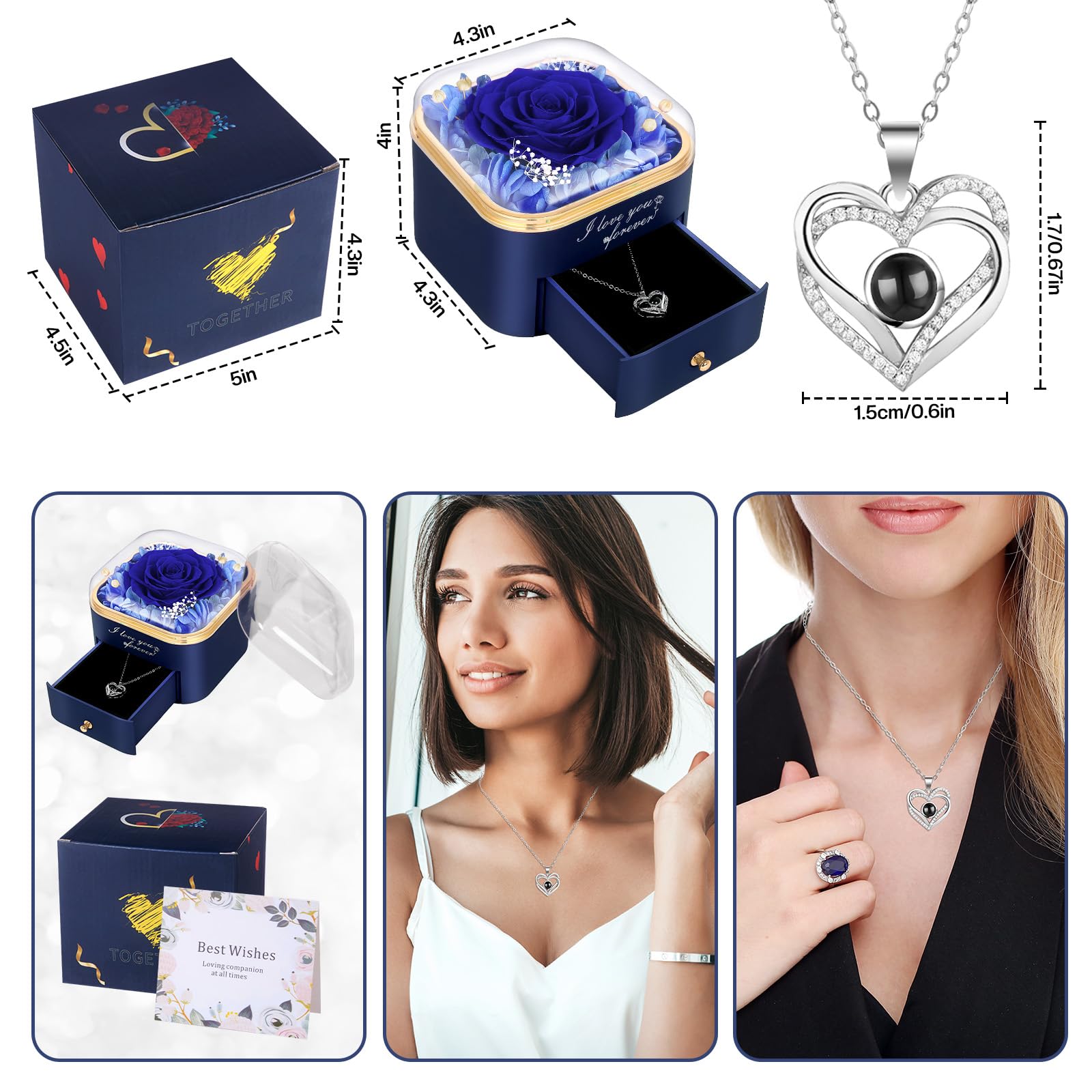 Firestyle Preserved Blue Real Rose with I Love You Necklace in 100 Languages-Eternal Flowers Rose Gifts for Her Women Mum Wife Girlfriend on Christmas