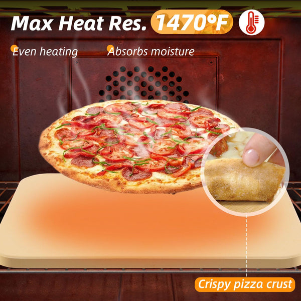 GOFOWRK Pizza Stone 5 PCS Set, 38 x 30 cm Large Rectangle Pizza Stone Set for Oven & Outdoor Grill with Metal Pizza Peels & Cutter Rocker, 1.5 cm