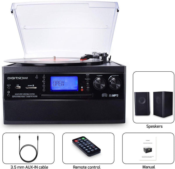 DIGITNOW! Bluetooth Viny Record Player, Turntable for CD, Cassette, AM/FM Radio and Aux in, USB port and SD Encoding, Remote Control, with Standalone Stereo Speakers