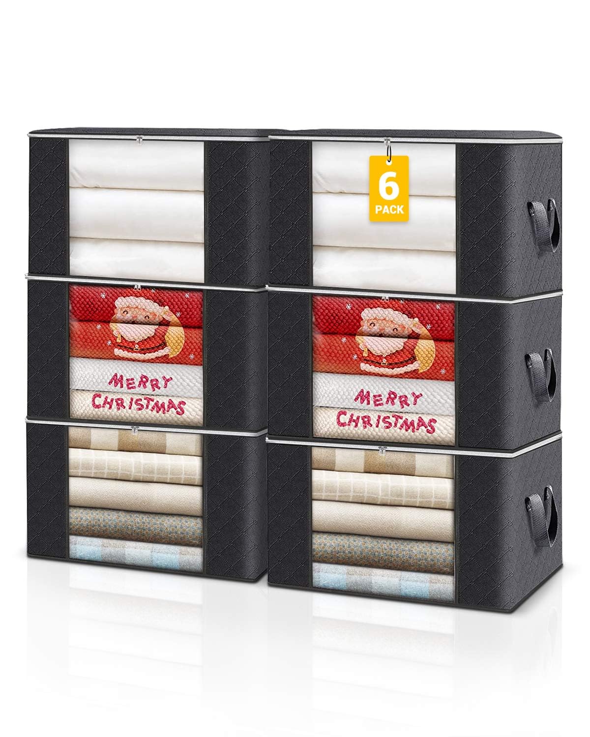 KALAHOL 90L Large Capacity Clothes Storage Bags with Zips, Storage Boxes with Lids, Reinforced Handle, Foldable, Thick Fabric, for Comforters, Clothes, Blankets, Bedding, 4 Pack, Dark Grey