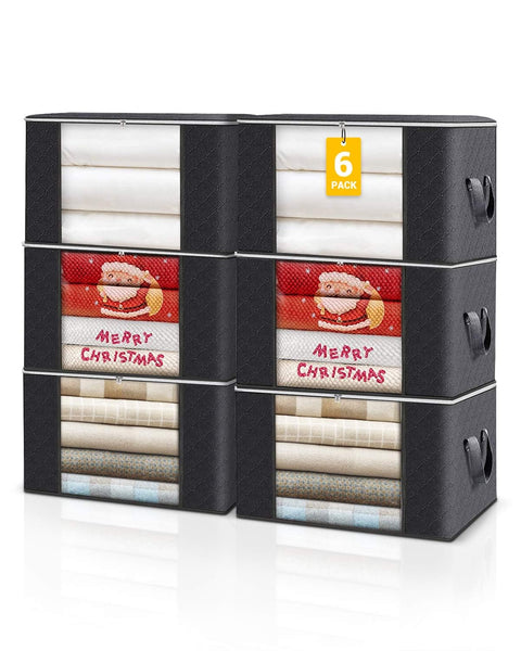 KALAHOL 90L Large Capacity Clothes Storage Bags with Zips, Storage Boxes with Lids, Reinforced Handle, Foldable, Thick Fabric, for Comforters, Clothes, Blankets, Bedding, 4 Pack, Dark Grey