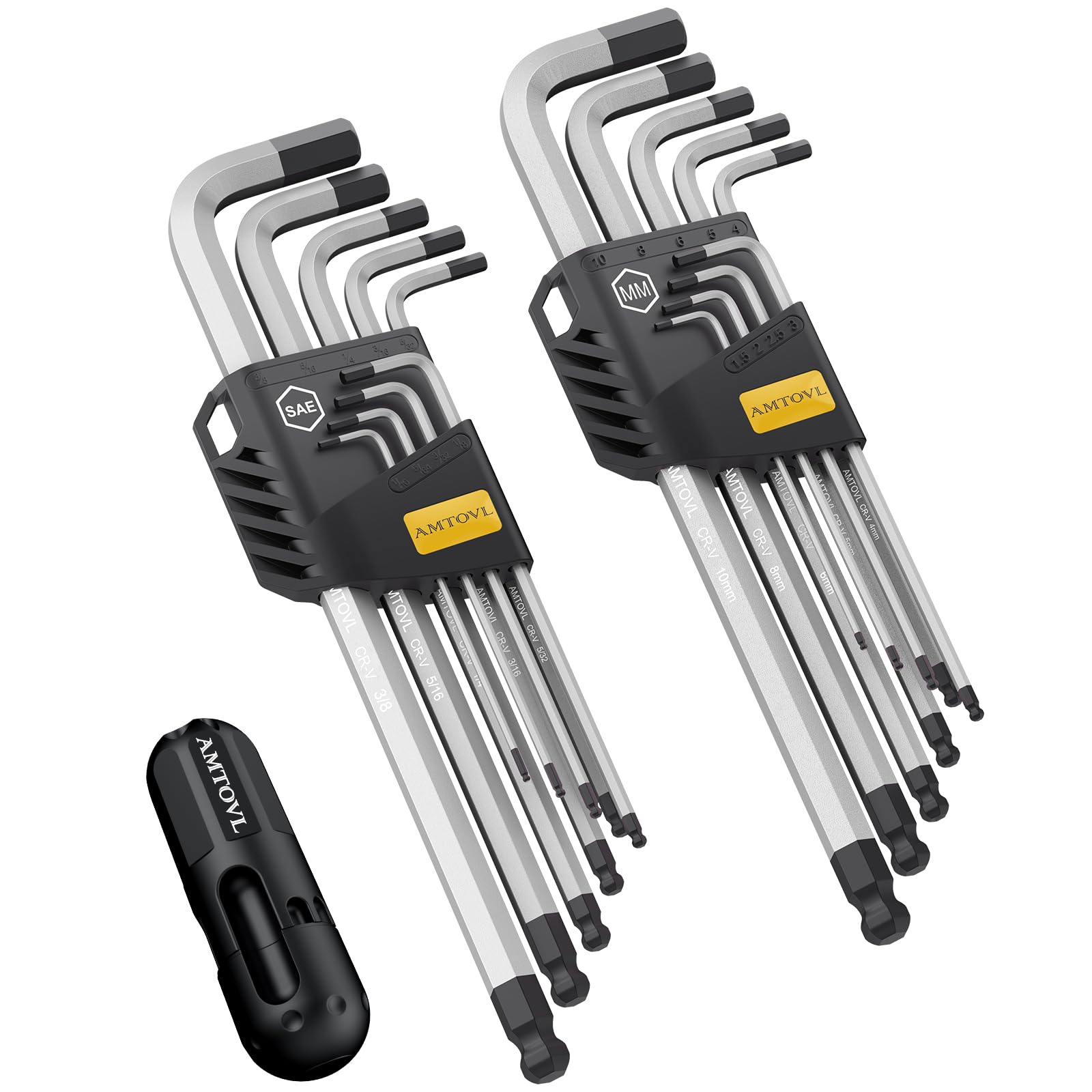 AMTOVL Hex Key Set, Allen Wrench Set, 18PCS Metric and SAE Allen Key Set Extra Long with Ball End T-Handle CRV & S2 Steel 1.5mm-10mm, 1/16-3/8