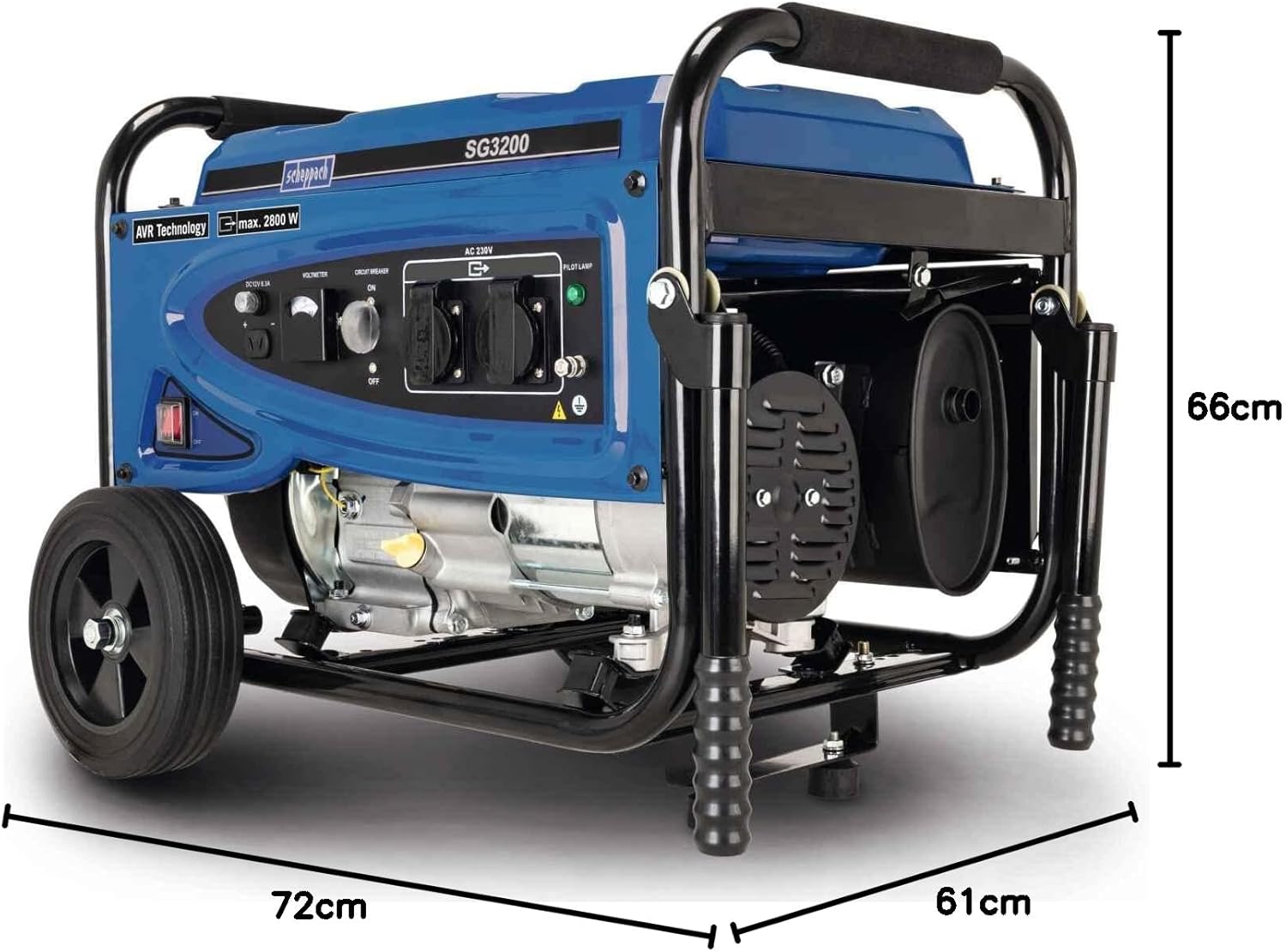 Scheppach SG3200 Petrol Generator | 2800W Max | 196cc 4-Stroke | 2x 230V | 15L Tank | AVR & Wheel Kit
