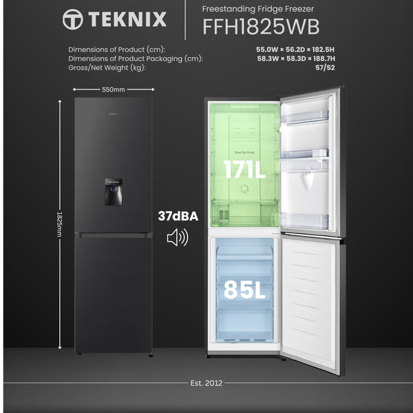 Teknix FFH1825WB 55cm Freestanding 50/50 Fridge Freezer - 256 Litre Capacity - Total No Frost - Non-plumbed Water Dispenser - Black, H182.5 x W55 x D56.2 (cm)