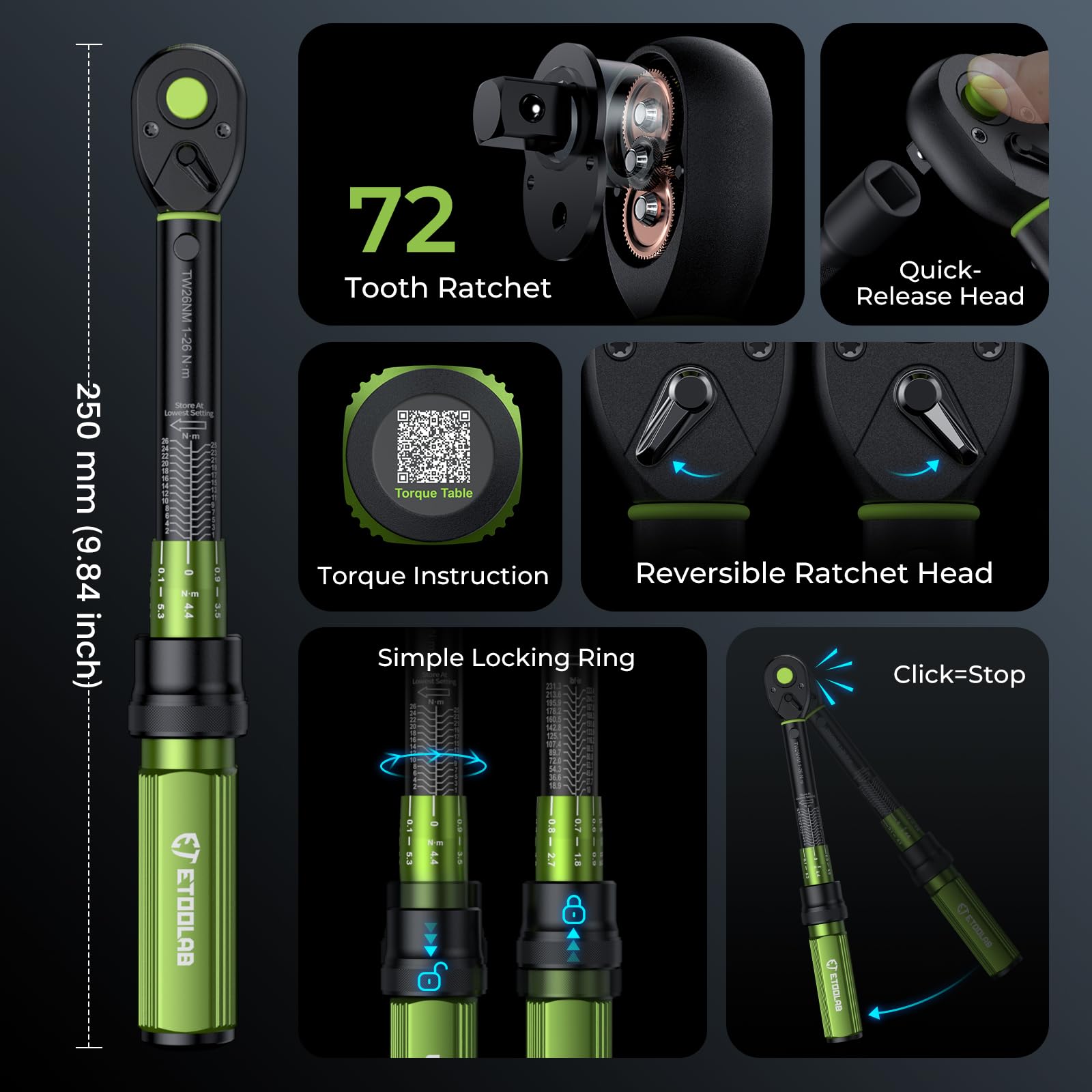 ETOOLAB 1/2 Torque Wrench Dual-Range【20-230Nm/10-170lbf-ft】±3% Precision, 72 Tooth Dual-Direction Adjustable Torque Wrench for Bicycle, Moto, Car Maintenance—3pcs