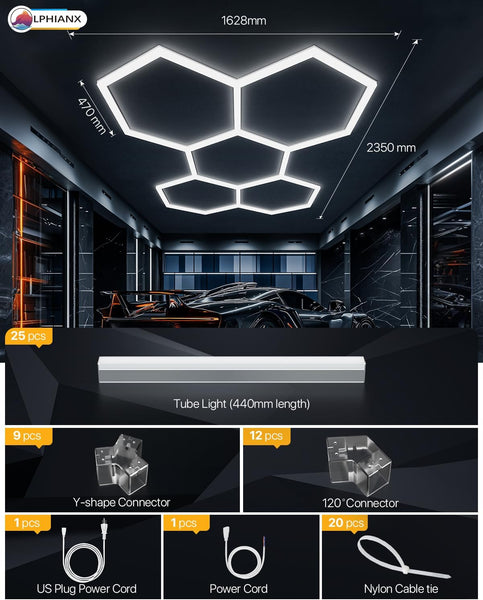 Lphianx Hexagon Led Garage Light, 25 Pack Hex Lighting, 200w 30000lm 6500k Hexagon Lights, for Garage, Basement, Warehouse, Car Beauty Salon, Hexagon Led Lights