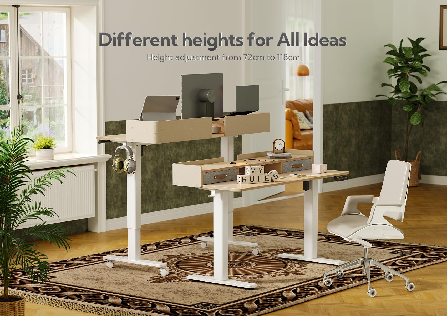 Claiks Electric Standing Desk with Drawers, 120x60cm Height Adjustable Desk with Storage Shelf and Splice Board, Stand Up Desk for Home Office, White Frame/Maple Top