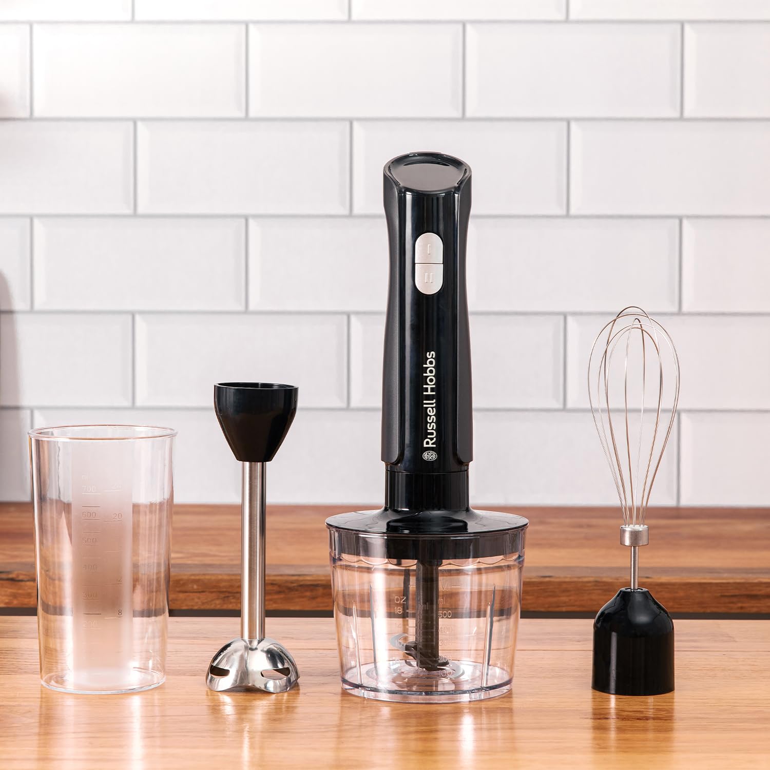 Russell Hobbs Desire 3 in 1 Electric Hand Blender, Fruit & Veg Mini Chopper & Whisk attachment, Stainless steel blending leg, whisk & blades, 500ml capacity chopping bowl & 700ml beaker, 500W, 24702