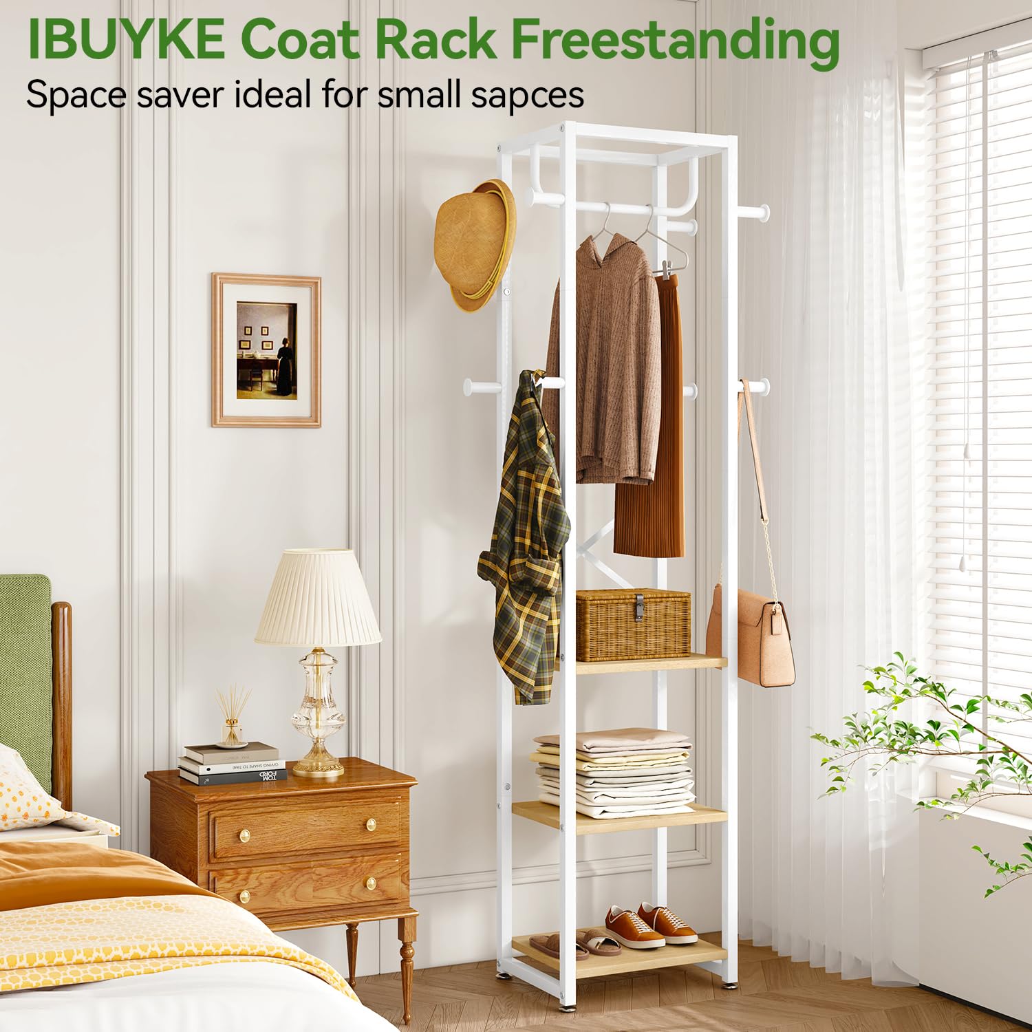 IBUYKE Coat Rack, Freestanding Coat Stand with 3 Shelves and 8 Hooks, Industrial Clothes Stand for Entryway, Hallway, Bedroom, 180 x 40 x 30 cm,
