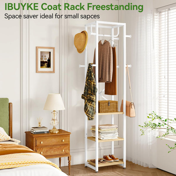 IBUYKE Coat Rack, Freestanding Coat Stand with 3 Shelves and 8 Hooks, Industrial Clothes Stand for Entryway, Hallway, Bedroom, 180 x 40 x 30 cm,