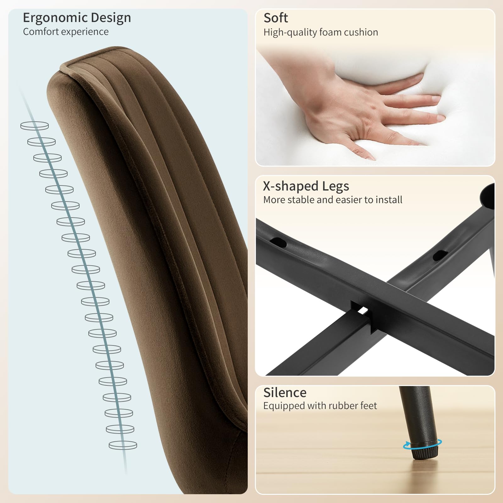 LONGTOO Set of 6 Dining Chairs with Velvet Upholstered Seat & Backrest,Stable Metal Legs,Modern Stripe Design,Champagne