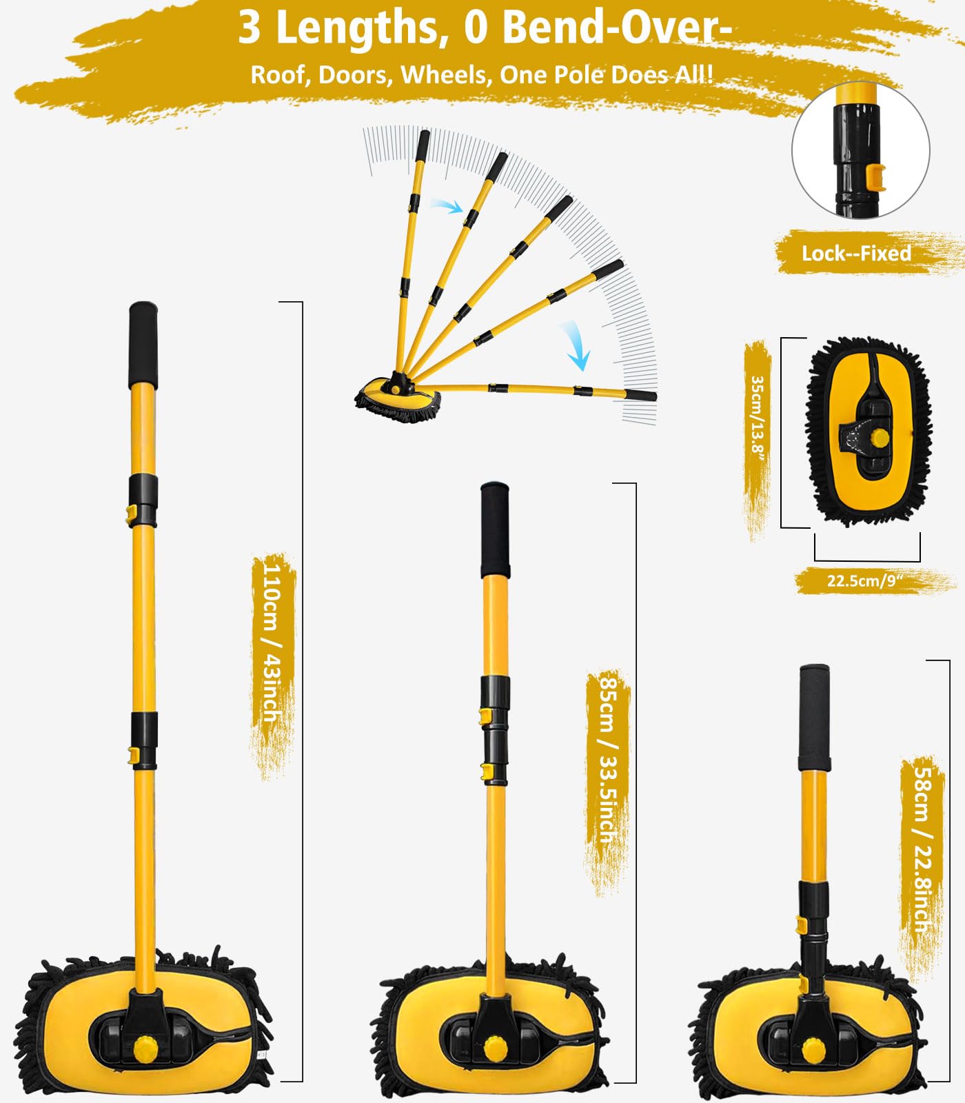 YeewayVeh Car Wash Brush, 43" Extendable Car Wash Brush Mop with Long Handle, 15 Degree Curved Soft Car Cleaning Brush kit with Extra Microfiber Brush Head for Truck SUV Cleaning, Orange