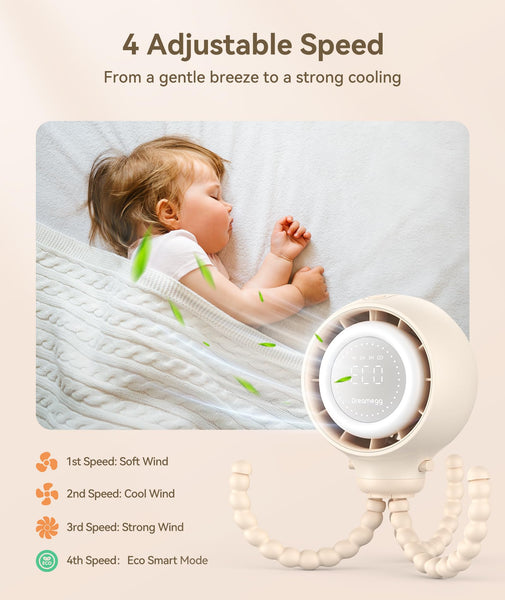 Dreamegg Baby Pram Fan - Portable Clip On Fan for Stroller with Hidden Blade & Child Lock, 4 Speeds With Eco Mode, Night Light, LED Display, USB Rechargeable for Car Seat & Crib, Ideal Baby Gift