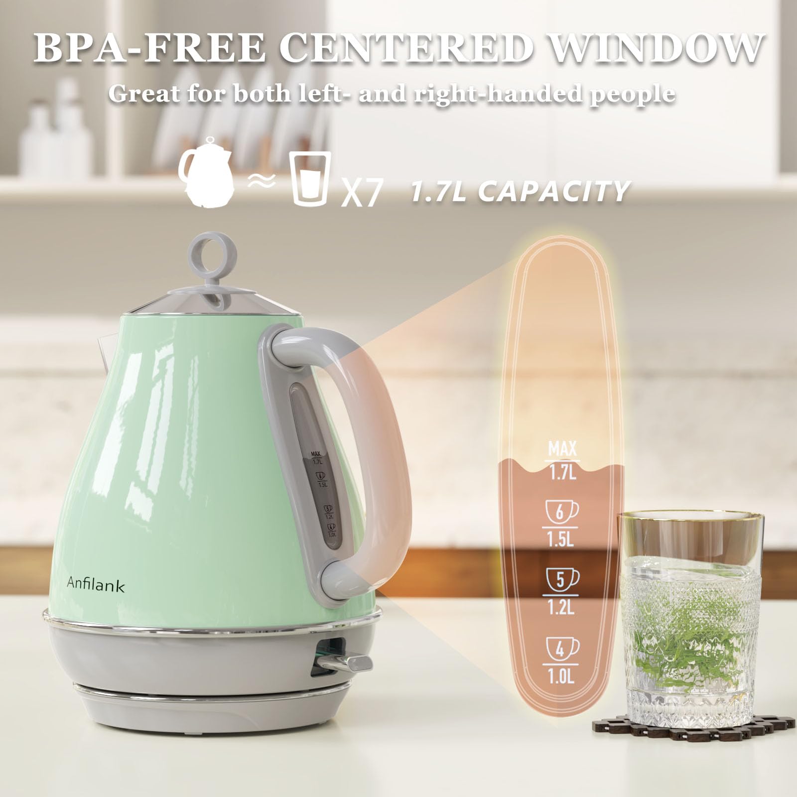 Anfilank Electric Kettle, Stainless Steel 1.7L, Rapid Boil 3000W, BPA Free, Auto Shut-Off and Boil-Dry Protection, Green