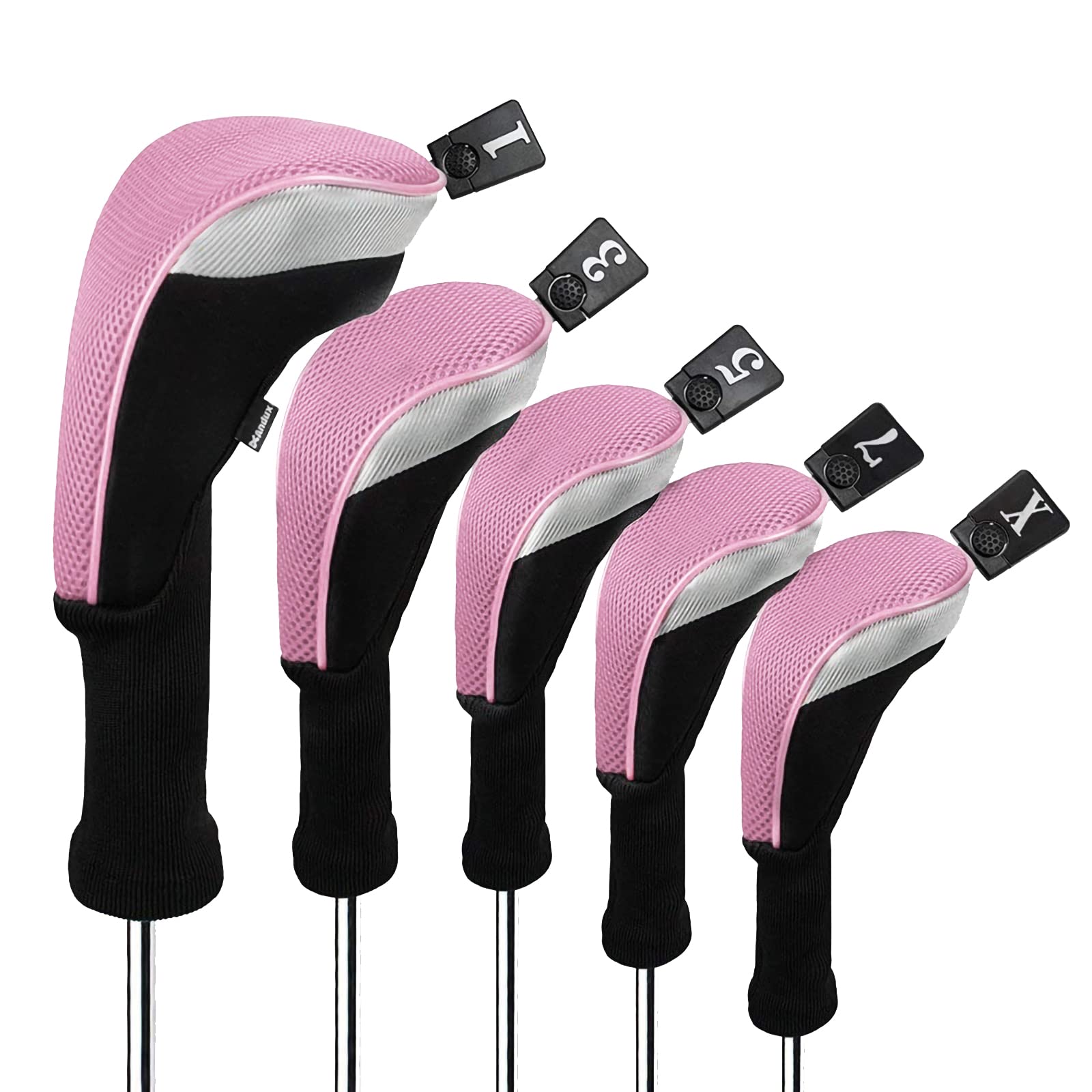 Andux 5pcs/Set Golf 460cc Driver Fairway Wood Club Head Covers Long Neck Black/Pink