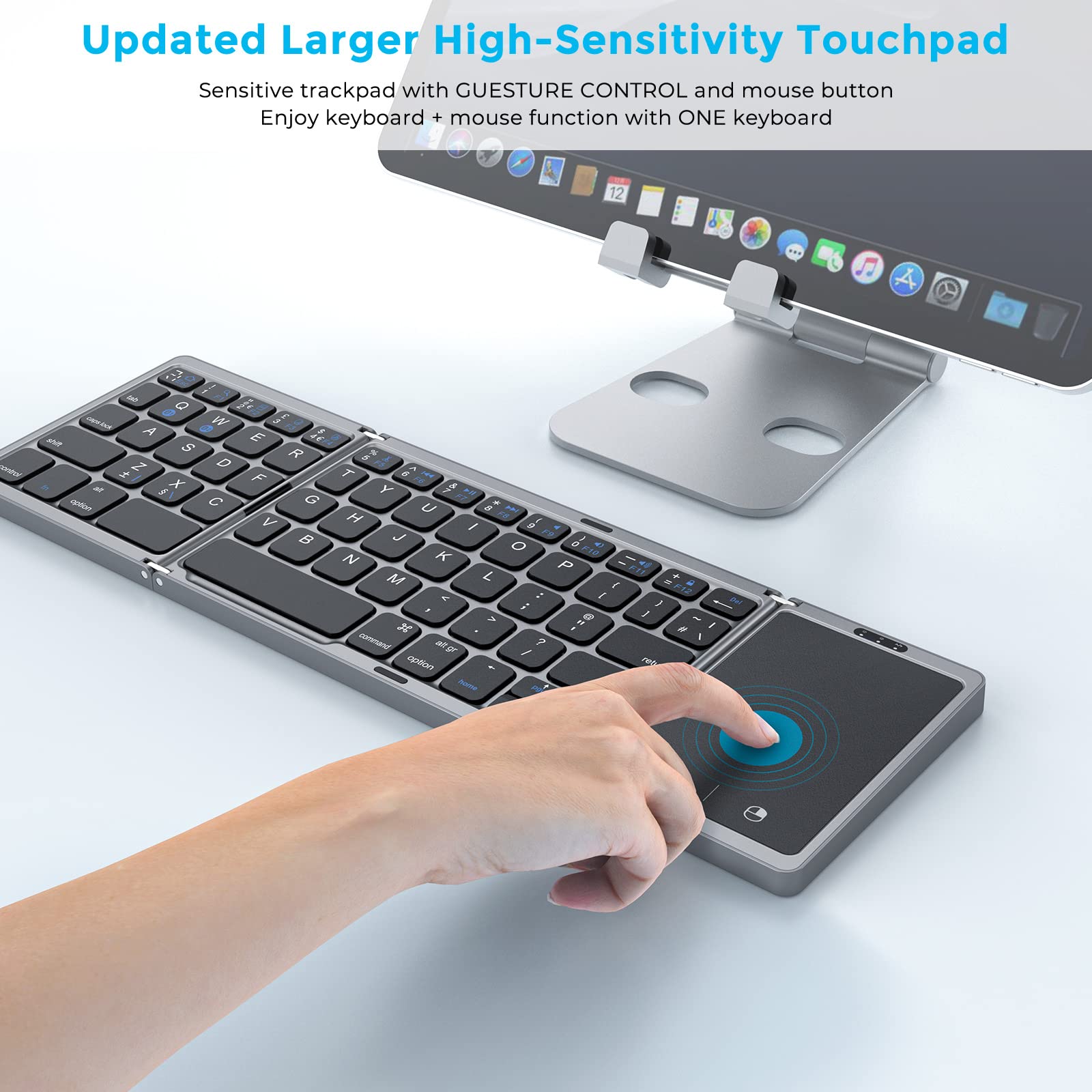 Seenda Folding Bluetooth Keyboard with Touchpad, Foldable Portable Travel Mini Wireless Keyboard, Rechargeable UK layout for iOS Android Windows PC Tablet phone ipad, Black and Grey