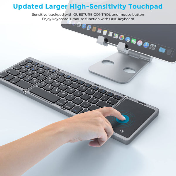 Seenda Folding Bluetooth Keyboard with Touchpad, Foldable Portable Travel Mini Wireless Keyboard, Rechargeable UK layout for iOS Android Windows PC Tablet phone ipad, Black and Grey
