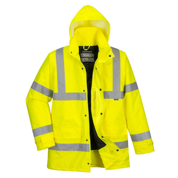 Portwest S460 Men's Winter Traffic Jacket Hi Vis Hooded Work Coat Reflective Fully Lined Zip Safety Utility Waterproof Reflective Workwear