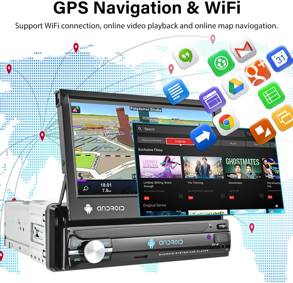 7 Manual Flip Out Touch Screen Single DIN Android 10.0 Car Stereo w/  Bluetooth