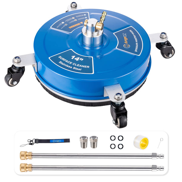 AngeDZ 14" Pressure Washer Surface Cleaner Attachment with 4 Wheels, 1/4" Quick Connector, 2 Extension Wands, 14 Inch Stainless Steel Painted Housing