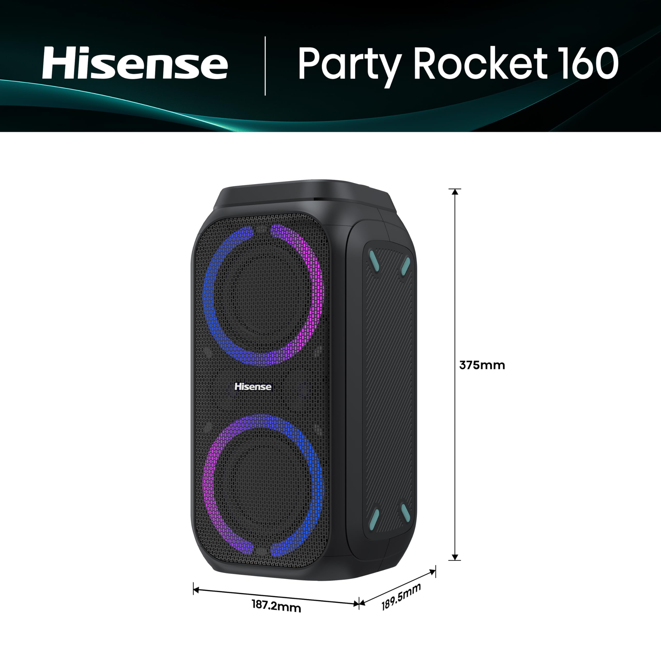 Hisense PARTY STORM, 300W Max Audio Power,15 Hrs long playtime,Karaoke Mode,Lighting effects, Wireless charge the phone, IPX4 Waterproof, Bluetooth 5.0