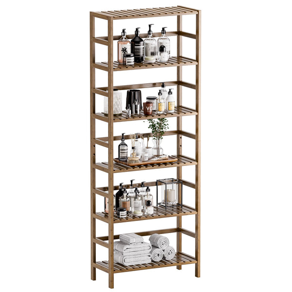 HITNET Bookcase, Bamboo Bookshelf, 6-Tier Adjustable Tall Open Book Shelf, Free Standing Storage Shelves Organizer, Flower Plant Display Stand, Walnut