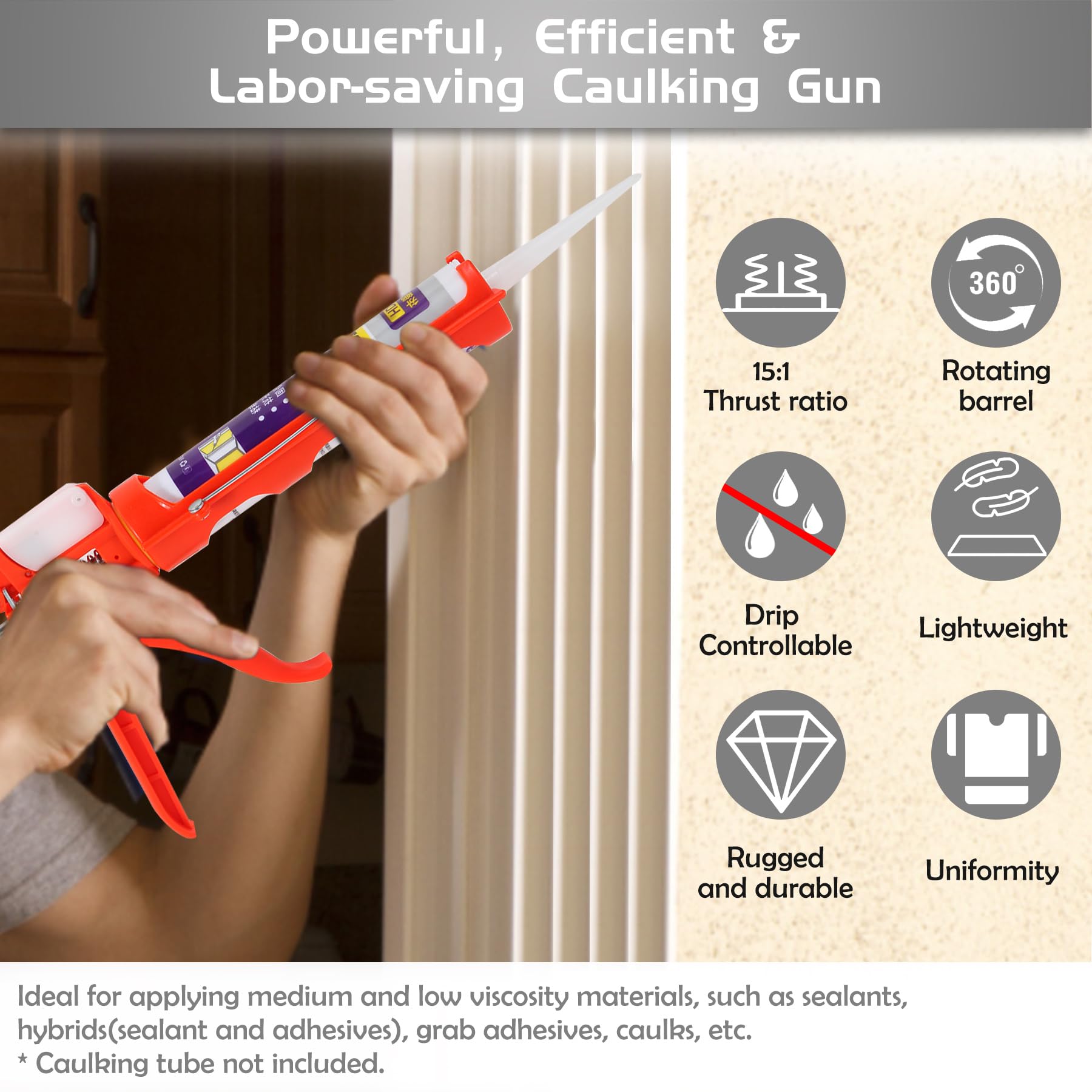 iLitLuk Drip-Free Caulking Gun Ratchet Rod Caulk Gun Applicator 15:1 Thrust Ratio Labor-Saving Lightweight Nylon Frame Cartridge Gun for 10oz/300ml Standard Caulk Tubes with Silicone Finishing Tools