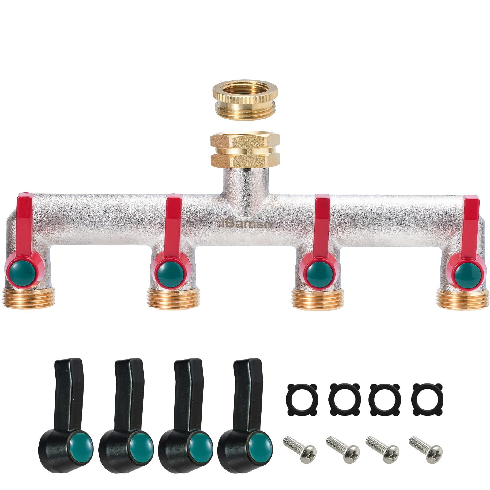 iBamso 4 Way Brass Hose Splitter, 3/4 Inch Tap Adapter Hose Pipe Tap Splitter Connection with 4 Individual Valves and Extended Handle for Outdoor