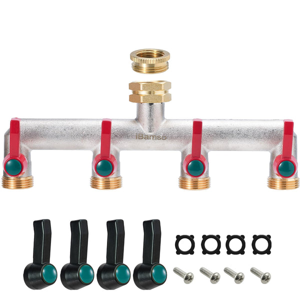 iBamso 4 Way Brass Hose Splitter, 3/4 Inch Tap Adapter Hose Pipe Tap Splitter Connection with 4 Individual Valves and Extended Handle for Outdoor