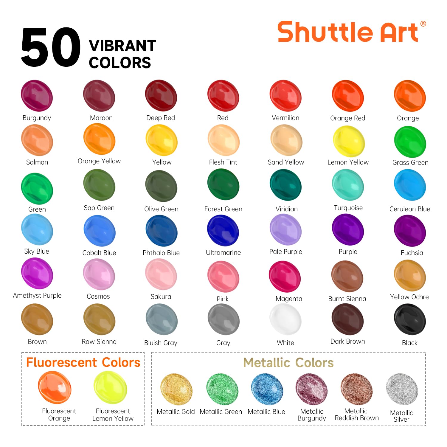 Shuttle Art Acrylic Paint, 50 Colours 2oz/60ml Acrylic Paints Set with 10 Brushes, Water-proof, Premium Acrylic Paints for Artists, Beginners and Kids
