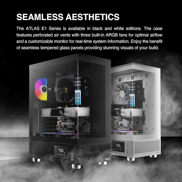 GAMDIAS ATLAS E1 Gaming ATX Mid Tower Computer PC Case, Customizable Digital Monitor w/ Software, 3 x 120mm ARGB Fans, Panoramic Tempered Glass Display, Perforated Airflow Vent PSU Chamber, Black