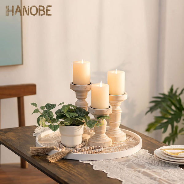 Hanobe Large Wood Decorative Tray: Boho Rustic Ottoman Tray Farmhouse Coffee Table Centerpiece Decor - Wooden Serving Round Tray for Kitchen Counter