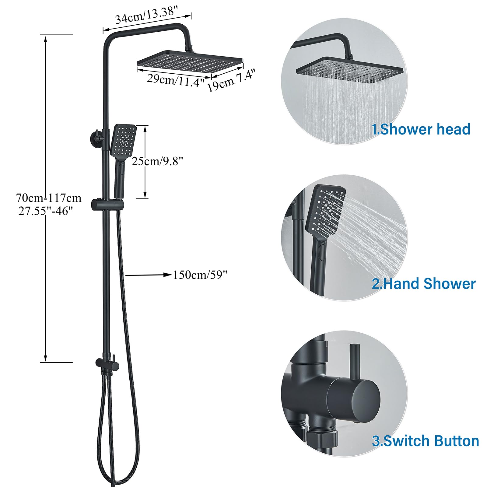 Rozin Shower Riser Rail Kit Adjustable Chrome 2 Functions Square Overhead 29 * 19cm and Hand Shower Stainless Steel Easy Install