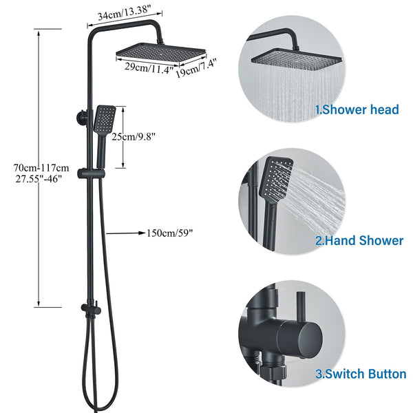 Rozin Shower Riser Rail Kit Adjustable Chrome 2 Functions Square Overhead 29 * 19cm and Hand Shower Stainless Steel Easy Install