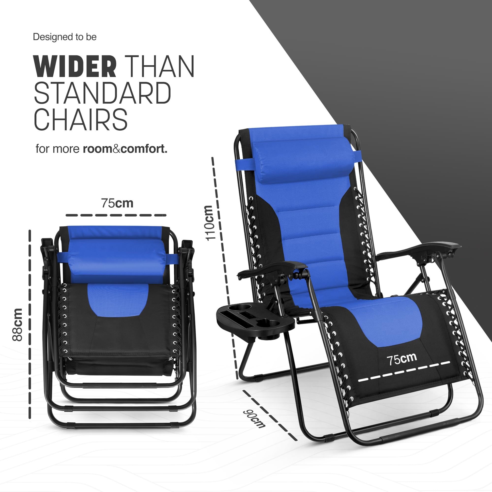 KEPLIN Set of 2 XXL Premium Heavy Duty Padded Zero Gravity Chairs - Luxurious Garden Recliners, Adjustable Headrest, Cup & Phone Holder, Foldable, Easy to Clean Patio Sun Loungers(Black)