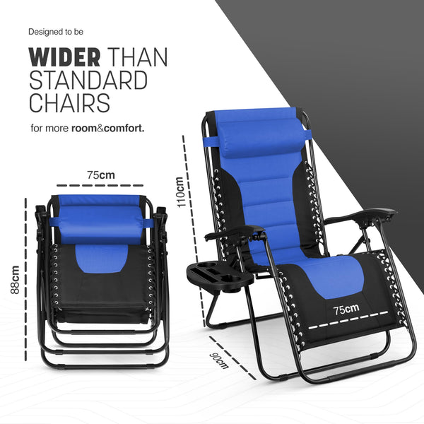 KEPLIN Set of 2 XXL Premium Heavy Duty Padded Zero Gravity Chairs - Luxurious Garden Recliners, Adjustable Headrest, Cup & Phone Holder, Foldable, Easy to Clean Patio Sun Loungers(Black)