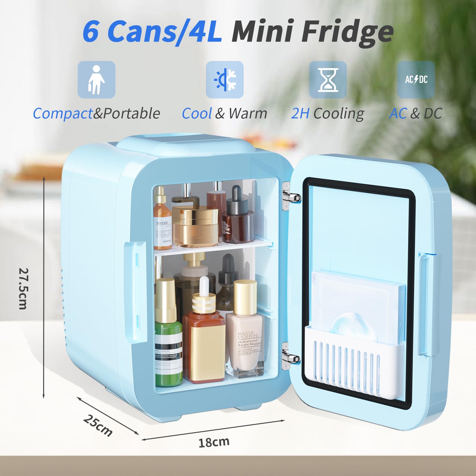 YASHE Mini Fridge for Bedroom, Skincare Fridge with LED Light Mirror, 4L Small Fridge Portable,220V AC/ 12V DC Thermoelectric Warmer & Cooler for Car Office Dorm(Blue)