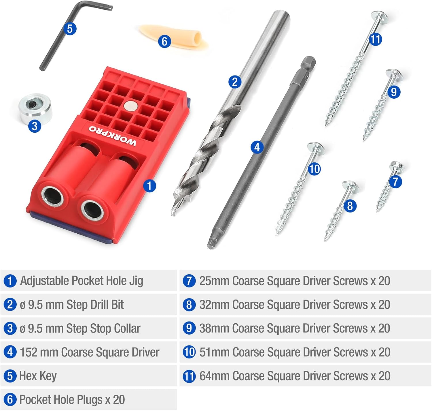 WORKPRO - Complete Pocket Hole Drilling Jig Kit - 125 Pieces - Jig Kit with 100 Self Tapping Screws and 20 Plugs - Woodworking Guide - Woodworking Oblique Hole Positioner