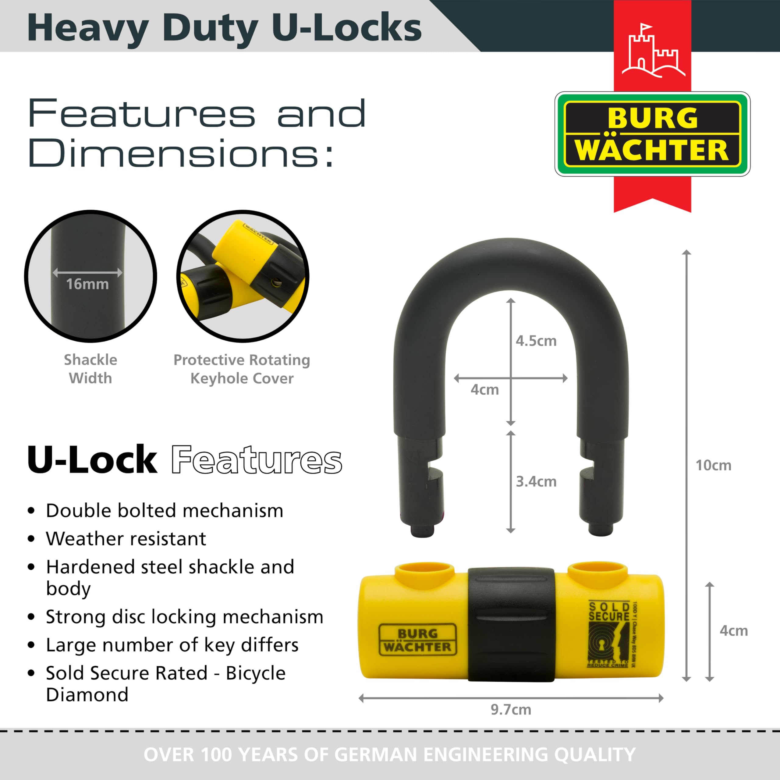 Burg-Wächter 100D Y Sold Secure Gold Motorbike, Single U Lock