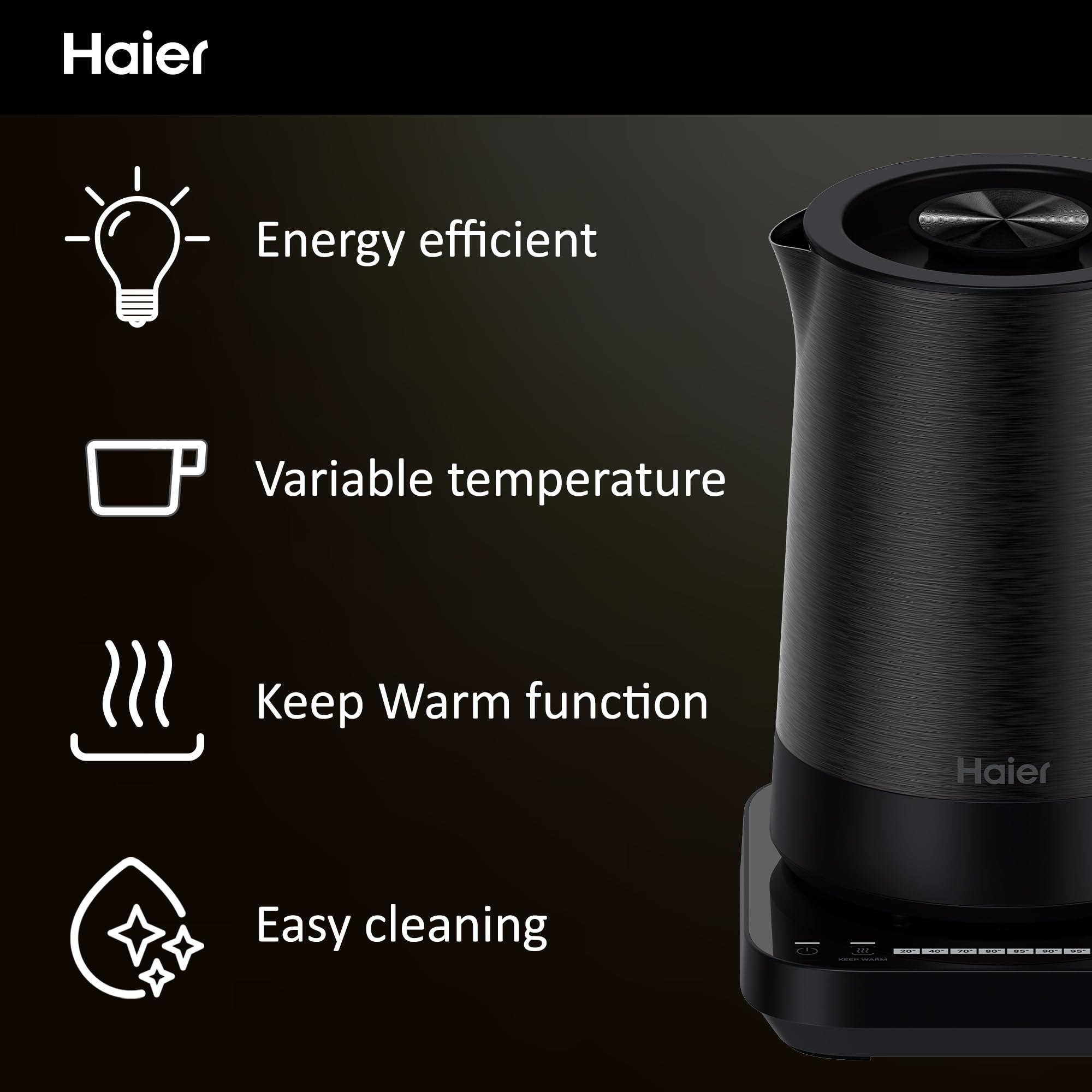 Haier Kettle, I-Master Series 5, 7 Temperature Settings, Keep Warm Function, Stainless Steel, hOn App, 3000W, Black [HKE5A]