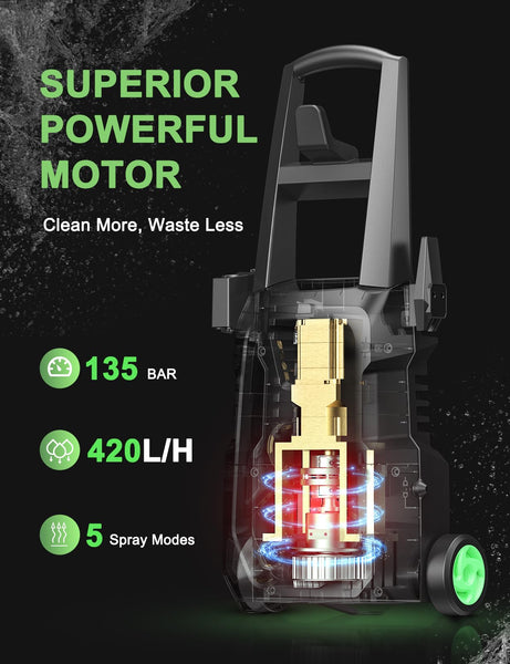 Pressure Washers, Power Jet Washers with 4 Nozzles, 135Bar Pressure, 420L/H Flow Rate, 8M High-Pressure Hose, 11M Power Cable, Power Washers for Patio and Car, Garden, Fences, Yard, Driveways