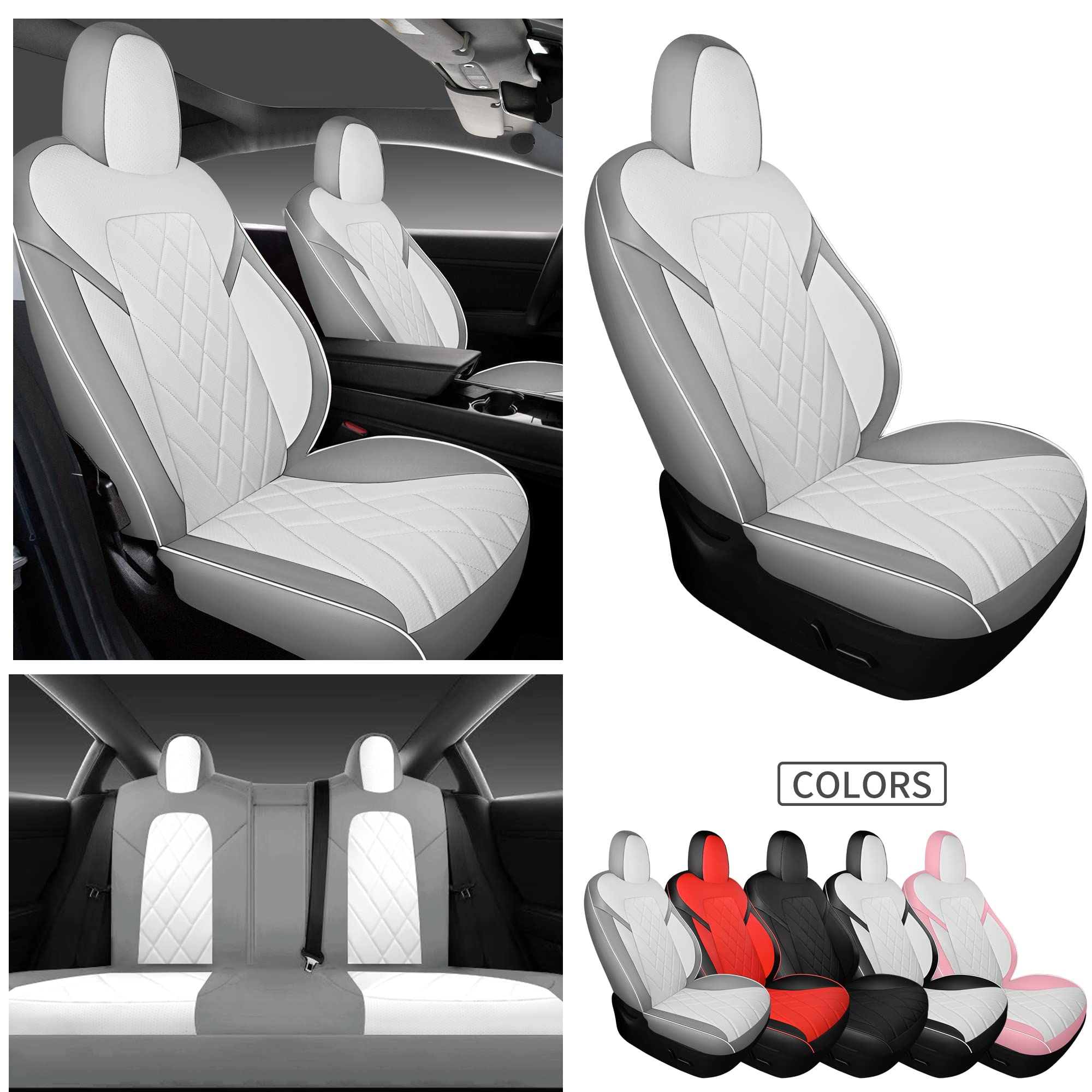 Tapha Faux Leather Seat Cover Set for Tesla Model 3 2017-2022, Breathable and Water-Resistant, Include Seat Covers for Front and Rear Seats (White/Grey)