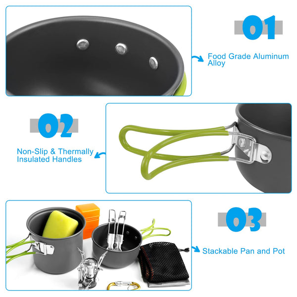 AUTOPkio Camping Cooking Set, Outdoor Camping Pans Pots and Stove - Non Stick Folding Cookware Kit for BBQ Picnic Hiking Backpacking Travel 1-2 Person Use