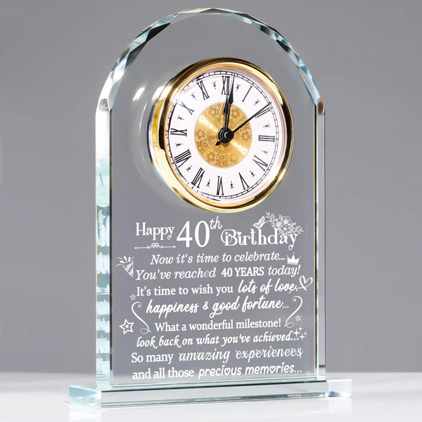Happy 40th Birthday Quartz Clock Gifts for Women Men, Glass Birthday Keepsake for 40 Years Old Ladies, Birthday Presents for Friends Turning 40 Years
