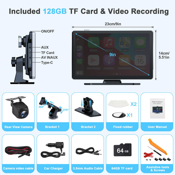 Car Stereo,9 Inch CarPlay Screen for Apple Car play & Android Auto,Portable Car Player Wireless Car Play Screen with Voice Control, Suitable for Most Vehicles (9 Inch +Camera)