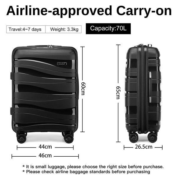 Kono Luggage Sets of 2 Piece Lightweight Polypropylene Hard Shell Suitcase with TSA Lock Spinner Wheels Travel Carry On Hand Cabin Luggage with Beauty Case (Set of 2, Black)
