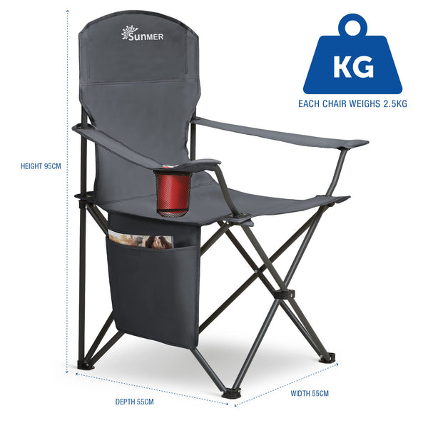 SUNMER Set of 2 Folding Camping Chairs, Extra-Wide Lightweight Outdoor Chairs with Armrests, Cup Holder and a Side Pocket, 120kg Capacity per Chair - Black
