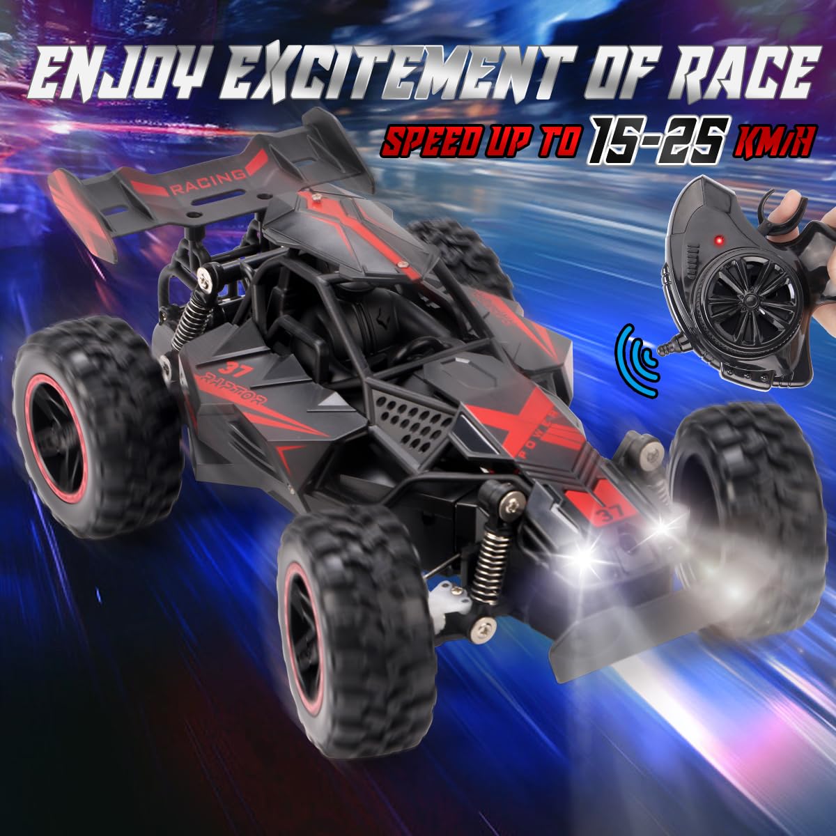 RUIDYA Kids RC Race Cars, 2.4GHz 1:18 Scale Off-road Remote Control Car Toy for Children with LED Light, Rechargeable High Speed All Terrain RC Drift Vehicle, Birthday Gift for 3+ Year Old Boys Girls