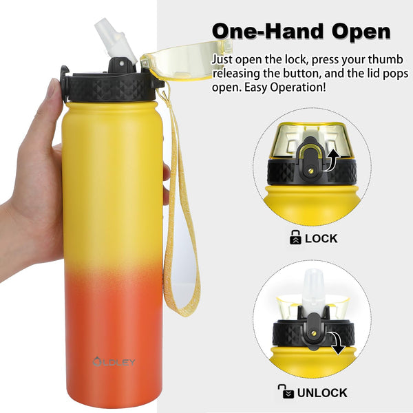 OLDLEY Stainless Steel Water Bottle with Straw 1L Vaccum Insulated Large Drink Flask Metal Water Bottles 1 Litre Leakproof Keep Drinks Hot Cold for Sports Gym with Different Lids(Purple Green, 3 Lids)